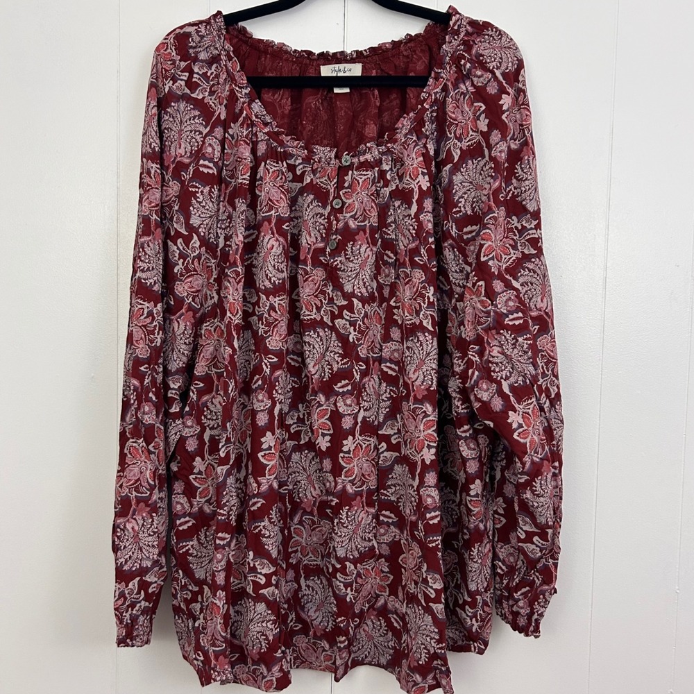 Style & Co Womens 4X Burgundy Floral Paisley Boho Peasant Blouse Long Sleeve